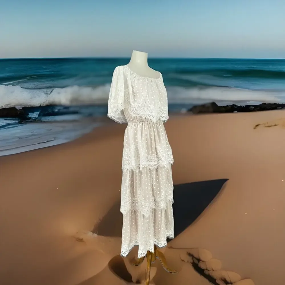 Show Me Your MuMu Dress Large White Lana Midi Lace Tiered Romantic Elegant Boho - Picture 6 of 14
